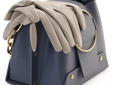 Stylish Blue Leather Handbag With Gray Gloves And Golden Accents Details 3d model