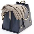 Stylish Blue Leather Handbag With Gray Gloves And Golden Accents Details