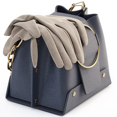 Stylish Blue Leather Handbag With Gray Gloves And Golden Accents Details 3d model
