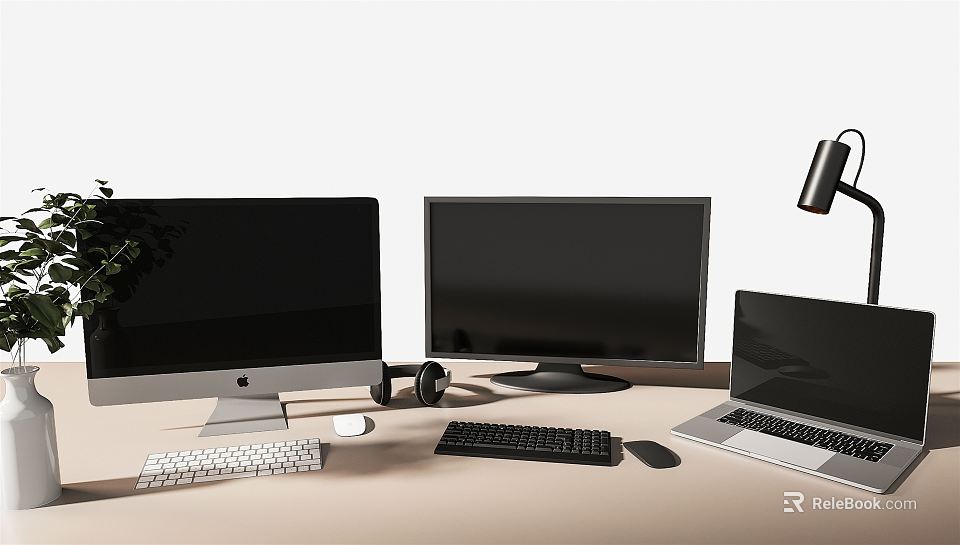Modern Computer Setup with Two Monitors Laptop Keyboard Mouse and Headphones on Desk 3d model 