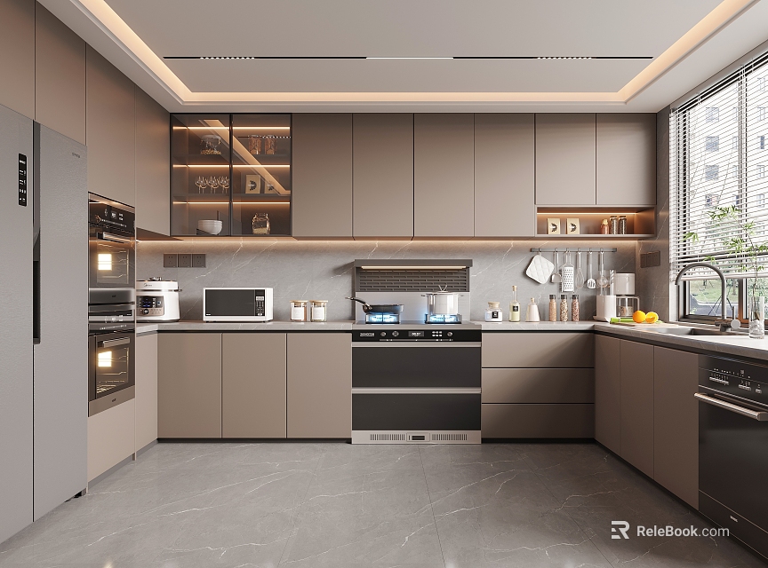 Modern Kitchen Interior With Gray Cabinets Glass Door Upper Cabinets Built-in Appliances And Natural Light 3d model 
