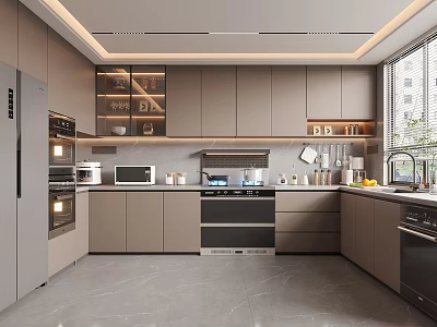 Modern Kitchen Interior With Gray Cabinets Glass Door Upper Cabinets Built-in Appliances And Natural Light 3d model