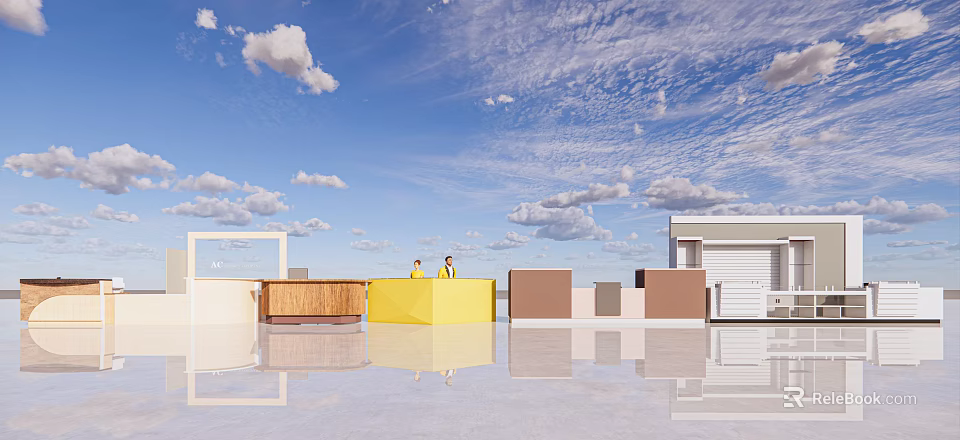 Modern Front Desk Reception Area With Colorful Desks Staff And Bright Sky Background 3d model 