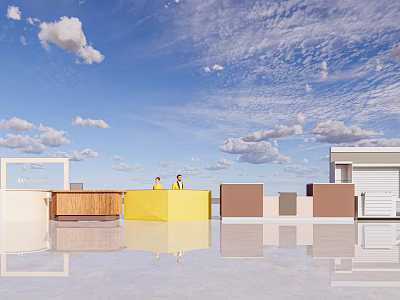 Modern Front Desk Reception Area With Colorful Desks Staff And Bright Sky Background 3d model