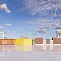 Modern Front Desk Reception Area With Colorful Desks Staff And Bright Sky Background