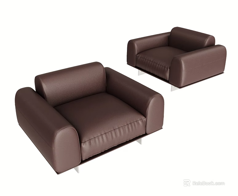 Two Brown Leather Single Sofas with Modern Design and Comfortable Armrests 3d model