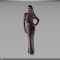 Child In Silver Long Dress Standing Against Gray Background With Hand On Hip