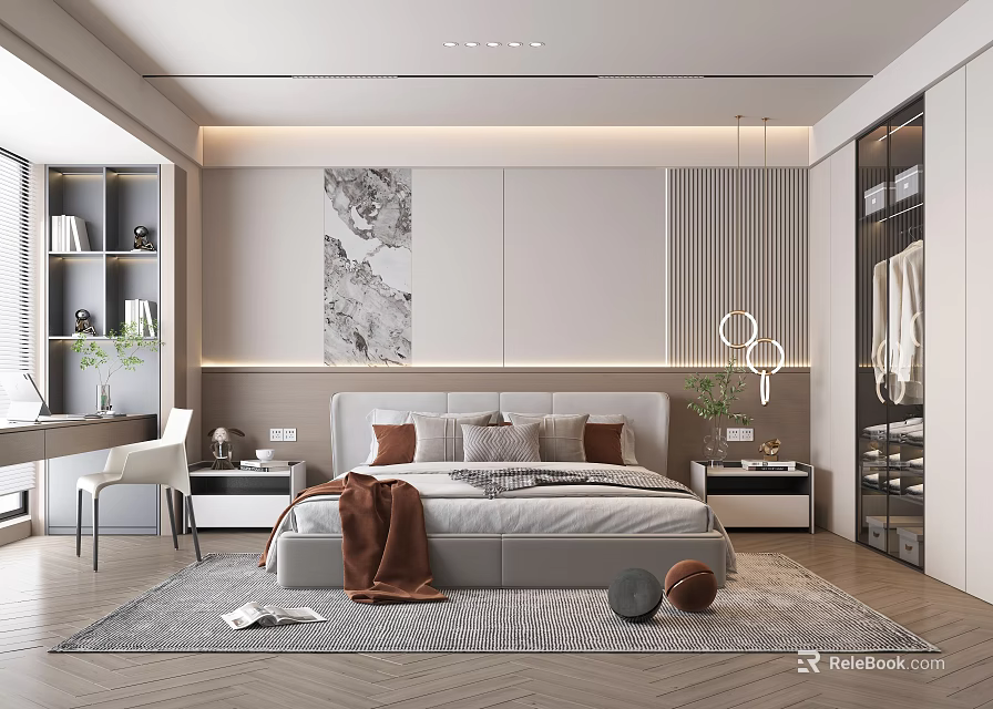 Modern Bedroom Interior With Large Bed Decorative Art Pendant Lights Nightstands And Area Rug 3d model 