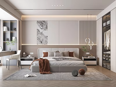 Modern Bedroom Interior With Large Bed Decorative Art Pendant Lights Nightstands And Area Rug 3d model