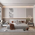 Modern Bedroom Interior With Large Bed Decorative Art Pendant Lights Nightstands And Area Rug