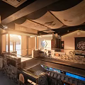 Chinese Style Restaurant Interior With Stone Walls Lanterns Glass Railings And Traditional Decor