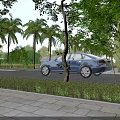 Blue Sedan Parked Along Scenic Roadside With Palm Trees Lush Greenery And Sidewalk
