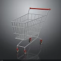White Shopping Cart With Red Handle And Red Wheels On Reflective Dark Surface