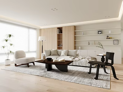 Modern Living Room Interior Design with Sofa Coffee Table Armchair Built-in Shelves And Potted Plant 3d model