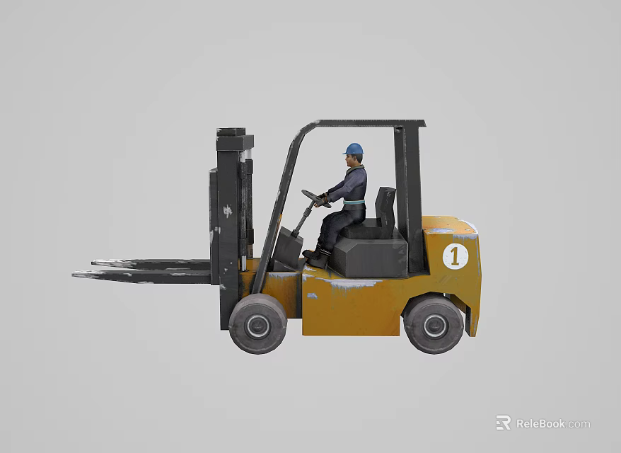 Yellow Industrial Forklift With Operator And Number 1 For Material Handling 3d model 