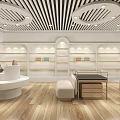 Modern Boutique With White Curved Shelves Round Display Table Shoes Decorations Wooden Flooring Bright Lights