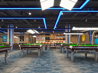 Contemporary Billiard Room Interior With Multiple Pool Tables Comfortable Seating And Stylish Lighting 3d model