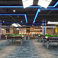 Contemporary Billiard Room Interior With Multiple Pool Tables Comfortable Seating And Stylish Lighting 3d model