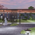Japanese Garden Landscape Design With Wooden Pergola Stone Lantern Green Plants And Gravel Path