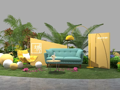 Photo Check In Spot With Green Plants Yellow Blue Sofas Round Balls And Lawn 3d model