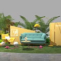 Photo Check In Spot With Green Plants Yellow Blue Sofas Round Balls And Lawn
