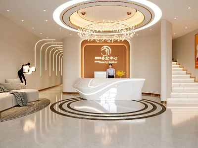 Modern Beauty and Hair Salon Interior with Elegant Reception Desk Chandelier and Staircase 3d model