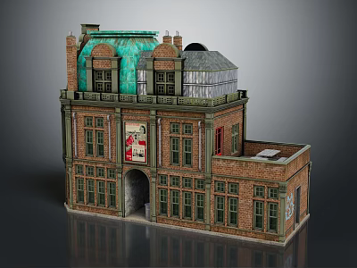 Cartoon Style Multi Story Brick Building With Green Roof Arched Entrance And Windows 3d model