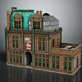 Cartoon Style Multi Story Brick Building With Green Roof Arched Entrance And Windows