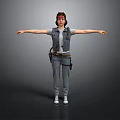 3D Female Character In Denim Workwear With Tool Belt White Sneakers Arms Outstretched
