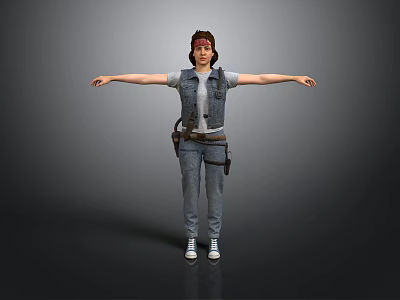 3D Female Character In Denim Workwear With Tool Belt White Sneakers Arms Outstretched 3d model