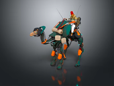 Futuristic Mechanical Camel With Rider In Red Hat Green Orange Design 3d model