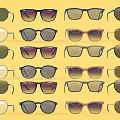 Colorful Sunglasses Decorative Set With Various Styles And Colors On Yellow Background