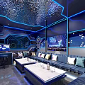 Modern KTV Interior Design With Blue Neon Lights Sofas Tables And Large Screen