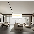 Modern Living and Dining Room Interior With Open Concept Sofa Dining Table and Pendant Lights