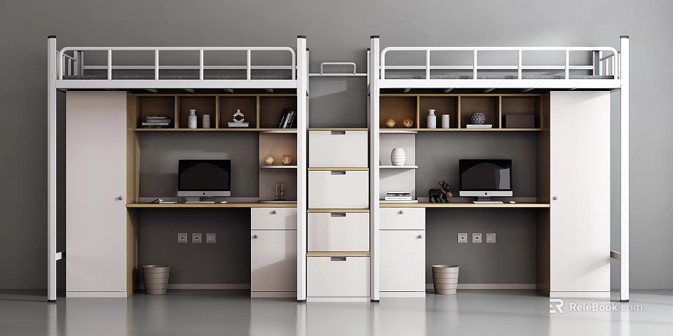 Modern Bunk Beds Interior With Built In Desks Storage Cabinets And Computers 3d model 