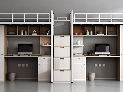 Modern Bunk Beds Interior With Built In Desks Storage Cabinets And Computers 3d model