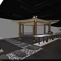 Modern Interior Display Space With Wooden Shelves Long Tables And Stone Decorative Floor