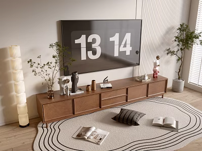 Modern Living Room Wooden TV Stand With Large TV Decorative Pieces Potted Plants And Rug 3d model