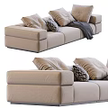 Beige Sectional Sofa with Multiple Soft Pillows Patterned Cushion and Gray Throw Blanket 3d model