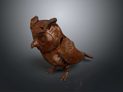 Artistic Rusted Metal Owl Sculpture With Detailed Feather And Lifelike Pose 3d model