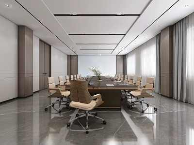 Modern Conference Room Interior With Long Table Ergonomic Chairs Green Plant And Large Windows 3d model