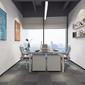 Modern Office Interior With Open Workspace Computers Green Plants Partitions Gray Carpet And White Desks