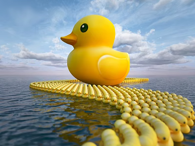 Big Yellow Duck Doll with Small Duck Toys on Water Under Blue Sky and Clouds 3d model