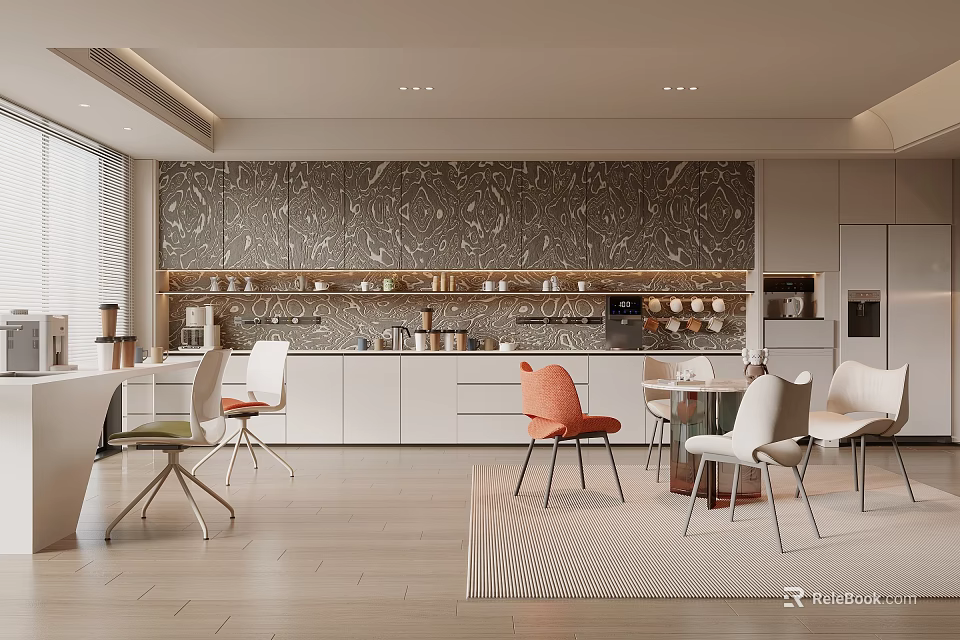 Modern Break Room Interior with Decorative Wall Shelves Cups White Cabinets And Colorful Chairs 3d model 