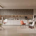 Modern Break Room Interior with Decorative Wall Shelves Cups White Cabinets And Colorful Chairs