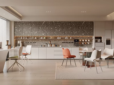 Modern Break Room Interior with Decorative Wall Shelves Cups White Cabinets And Colorful Chairs 3d model