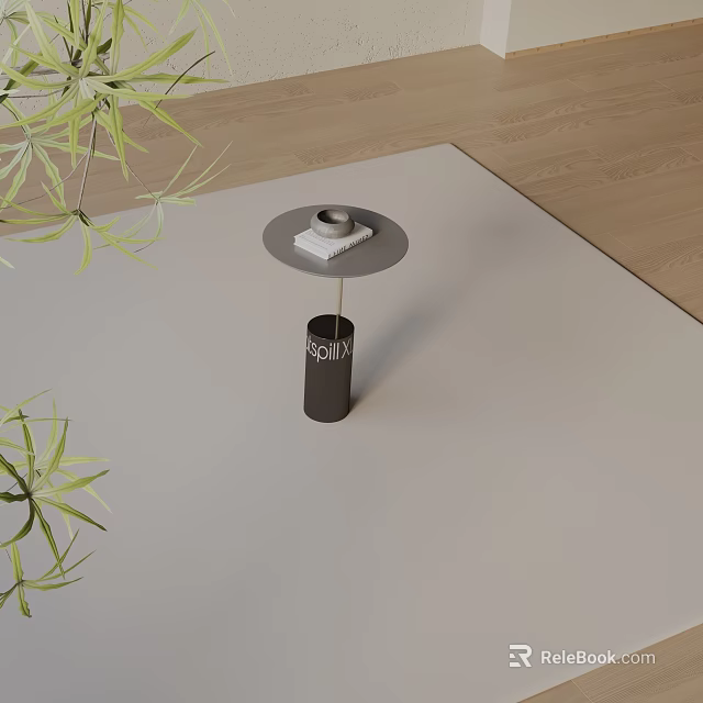 Black Metal Side Table With Round Top And Green Plant On Light Carpet Wooden Floor 3d model 