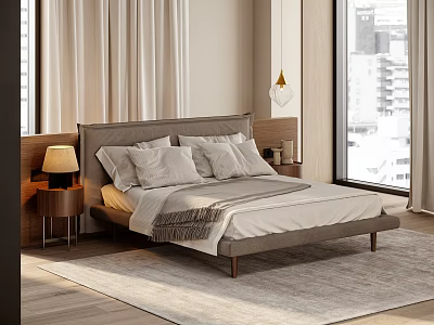Modern Double Bed In Bedroom With Upholstered Headboard Nightstand Lamp And Curtains 3d model