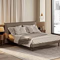 Modern Double Bed In Bedroom With Upholstered Headboard Nightstand Lamp And Curtains