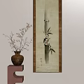 Traditional Wall Painting With Bamboo Bird And Vase On Wooden Shelf
